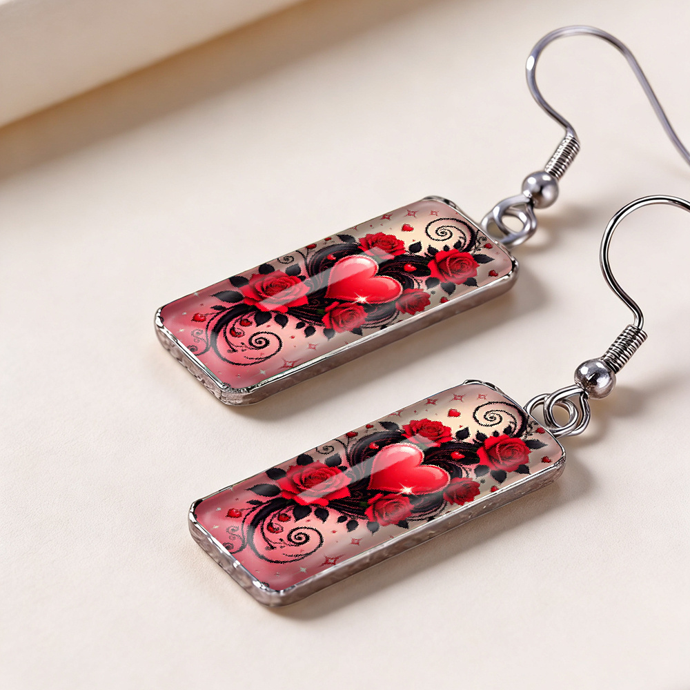 Exquisite Red Rose Heart-shaped Rectangular Earrings